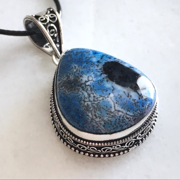 New Blue Dendritic Opal Stone Silver Overlay Pendant Necklace 19” - Picture 6 of 7
